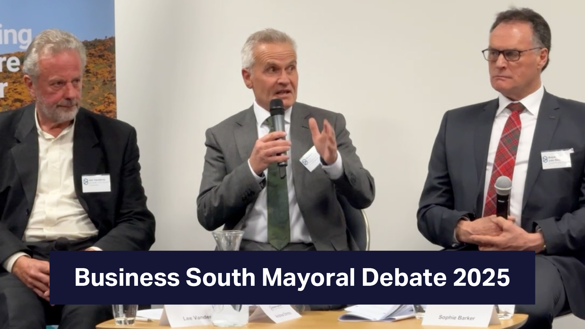 DCC Mayoral Candidate Andrew Simms addresses the Business South Mayoral Debate 2025 panel, discussing Dunedin’s future alongside fellow candidates.