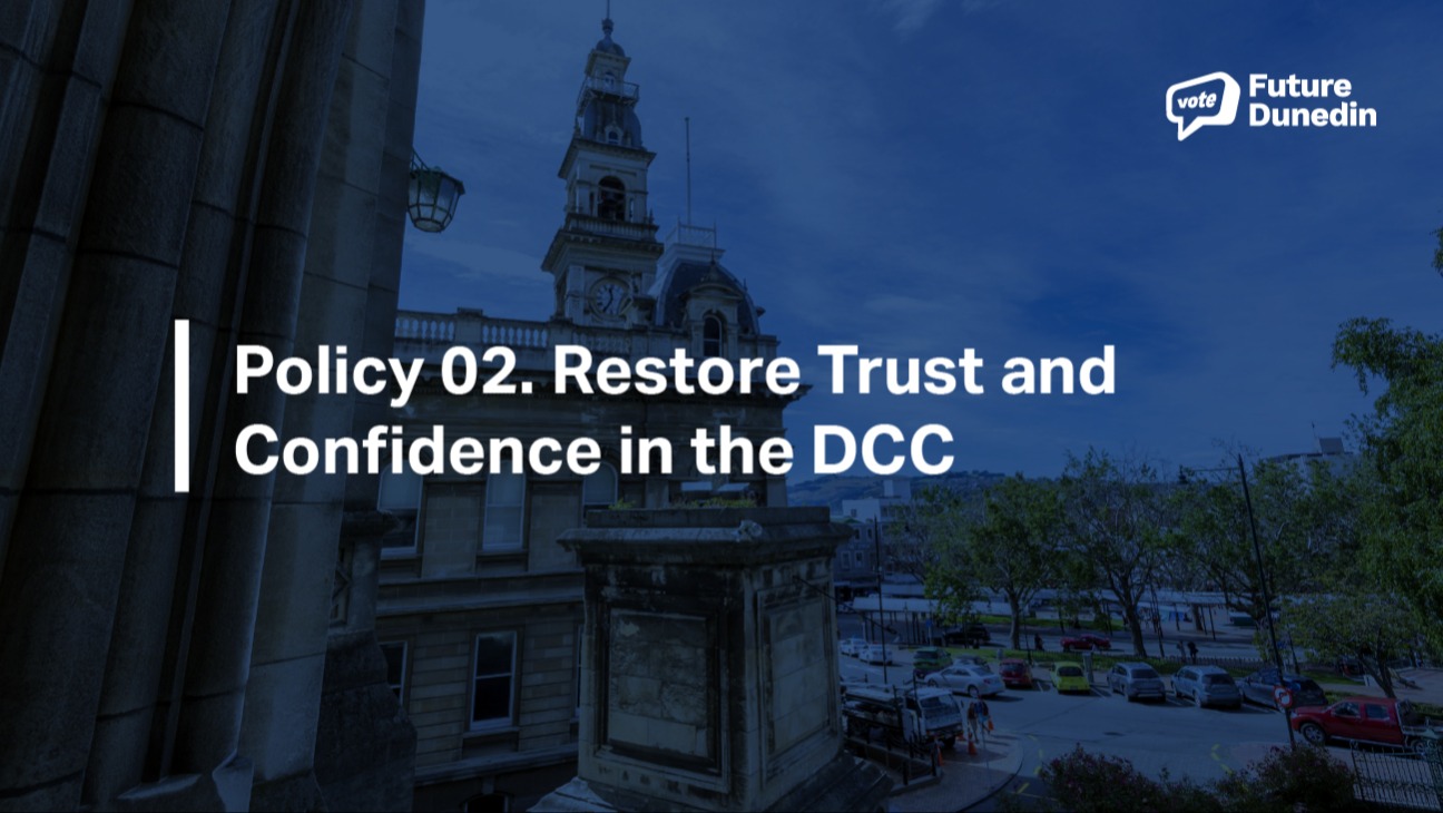 Future Dunedin campaign graphic showing the Dunedin Town Hall with the text 'Policy 02. Restore Trust and Confidence in the DCC' overlaid in bold white letters, and the Future Dunedin logo in the top right corner.
